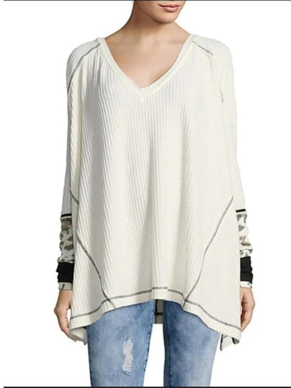We The Free Lovin Leopard Boxy Oversize Waffle Thermal Top V-Neck Ivory